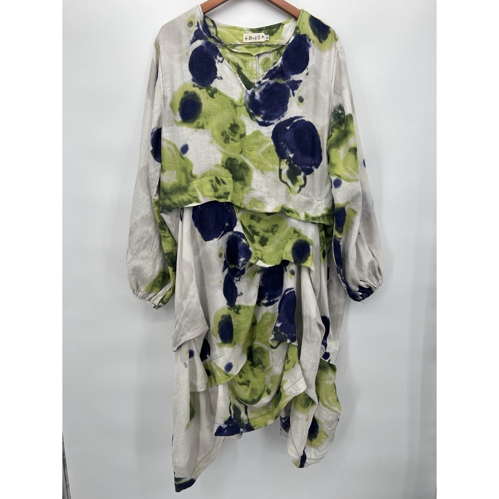 Bodil Linen V Neck Asymmetrical Tie Dye Pattern Blue Green Midi Dress Size L